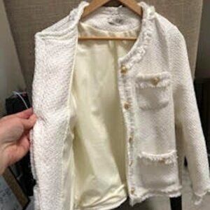 Women's White Tweed Jacket Fringe Accent with Gold button Size Large